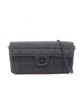 Chanel Shoulder Bag New Travel Line Choco Bar Black Leather New Platinum